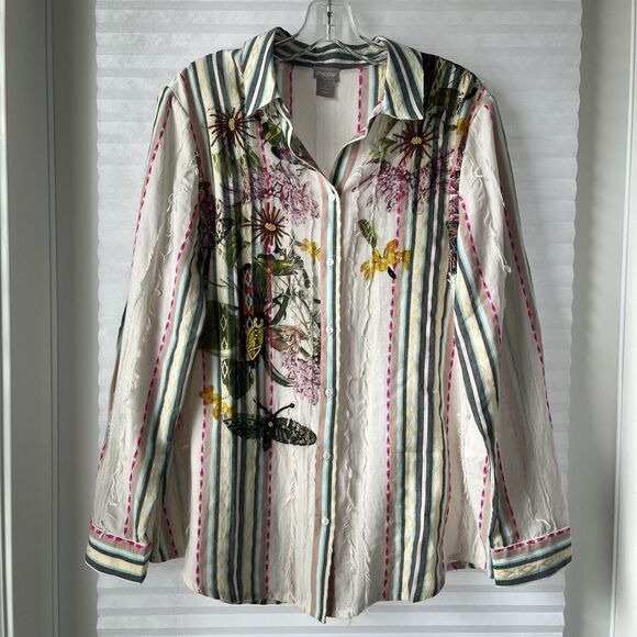 Chico's embroidered Striped floral print button front shirt size 12 cotton blend - Picture 1 of 8